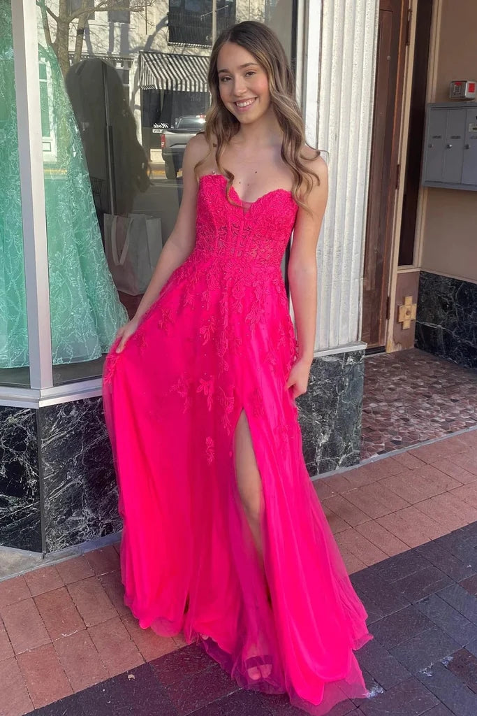 A-line Hot Pink Strapless Floral Appliques Long Prom Dress PSK495