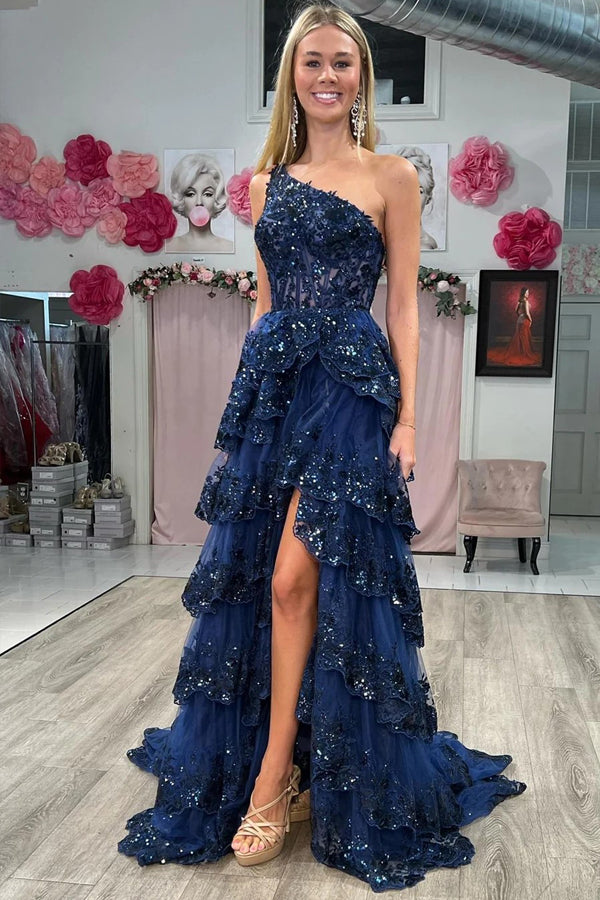 High-end Beauty Dress Skirt High Waist One Shoulder Long Sleeve Waist  Hollow Dress And Popular Sequin Dress size XL Color Blue