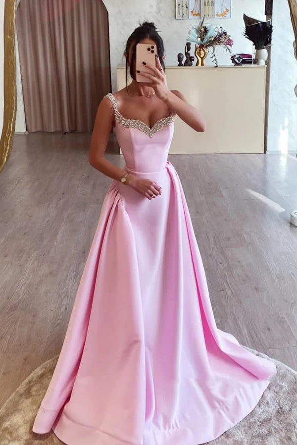 Simple A Line Pink Satin Long Prom Dresses with Beadings PSK562 Pgmdress