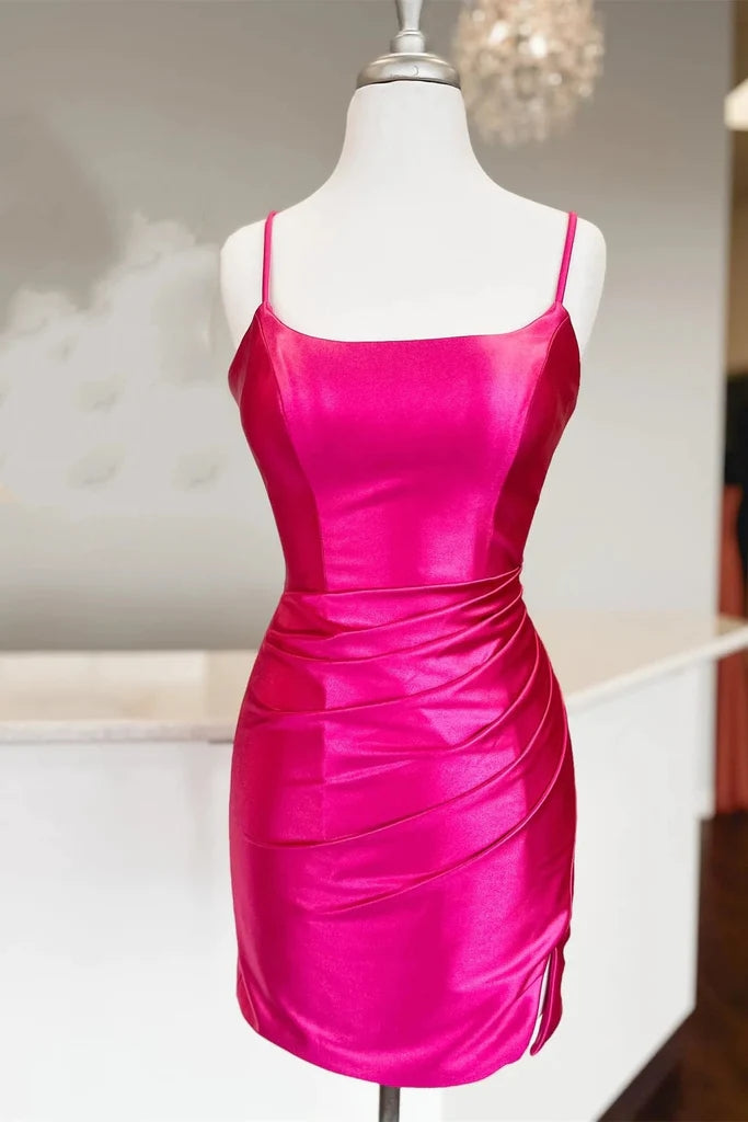 Straps Fuchsia Ruched Bodycon Tight Satin Homecoming Dress PD476 – Pgmdress