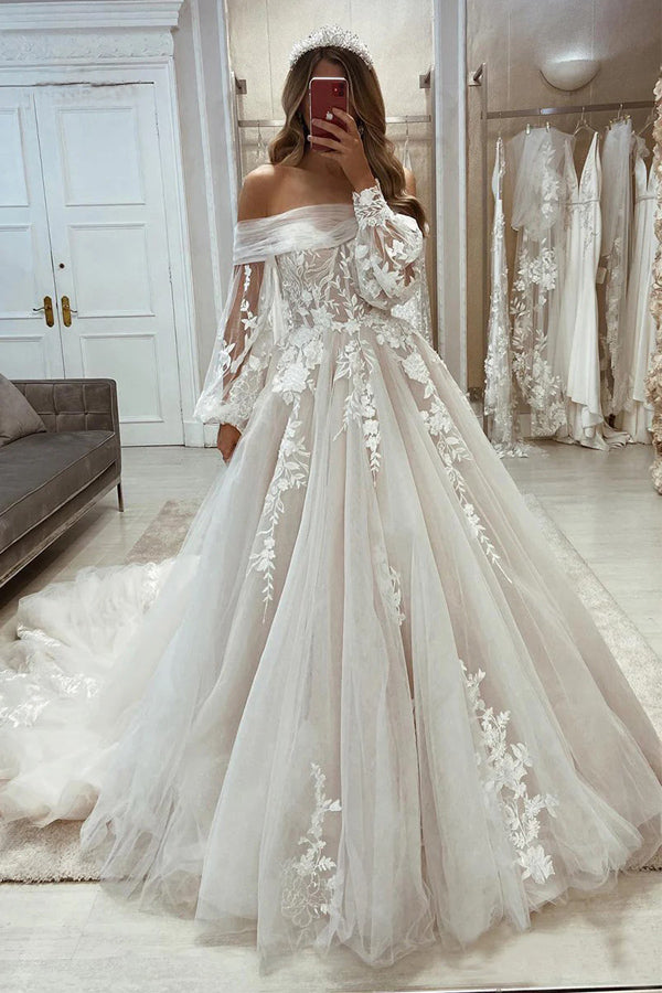 Unique Off the Shoulder Long Sleeves Princess Wedding Dress WD728 – Pgmdress