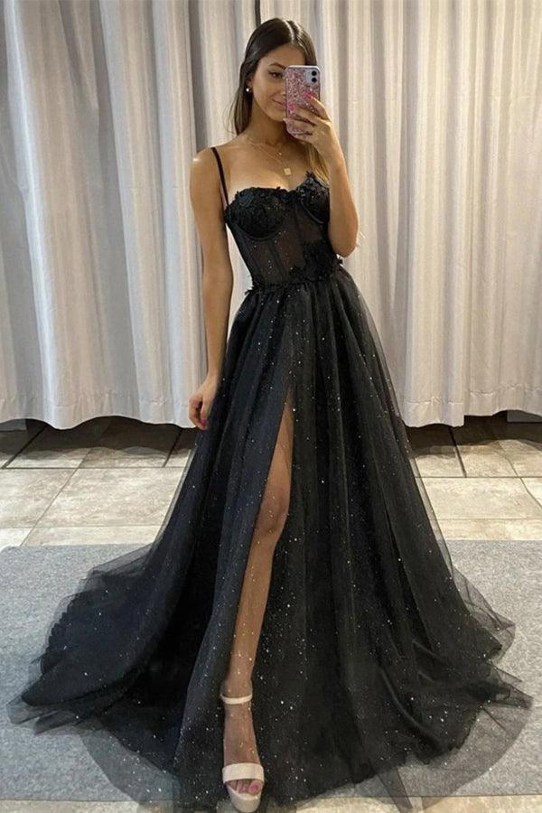 Black Princess A Line Off the Shoulder Corset Prom Dress with Lace