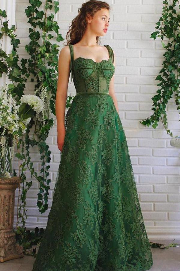 A Line Dark Green Lace Prom Dresses Spaghetti Straps Neck Formal