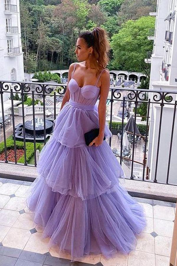 Purple Tulle Lace Long Prom Dresses, A-Line Evening Dresses US 14 / Purple