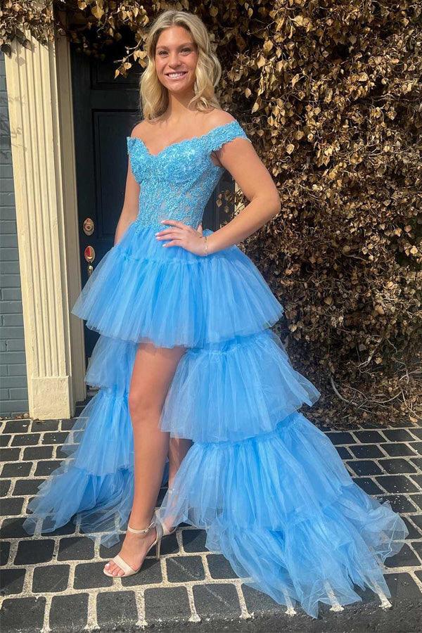 Two Pieces Off Shoulder Short Sleeve Light Blue Lace Prom Dress – Pgmdress