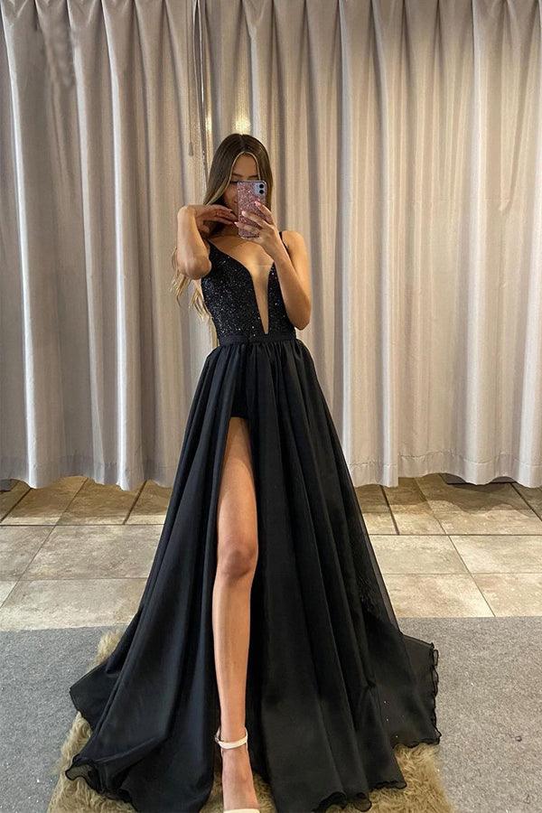 Black A-Line Lace Long Prom Dresses, Black Tulle Formal Evening
