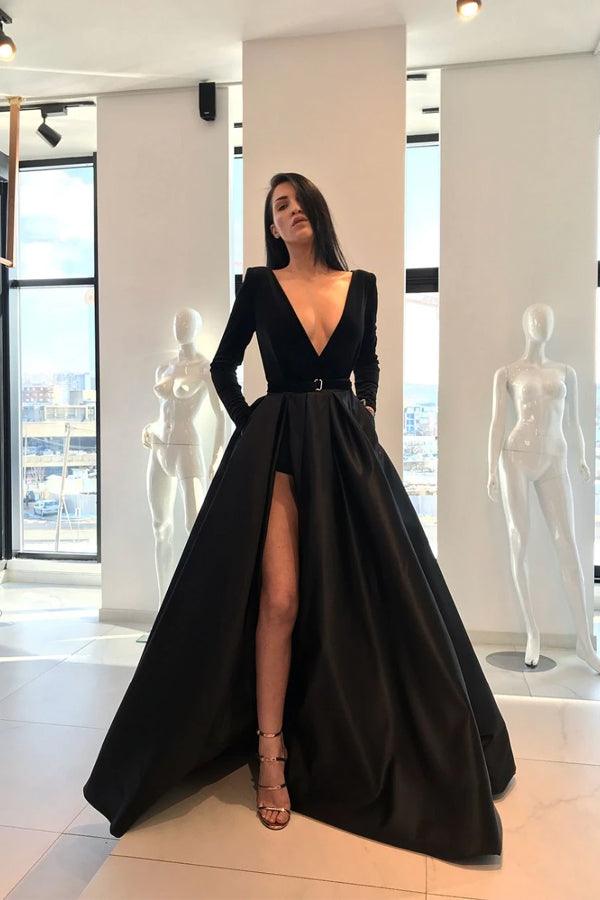 Black Simple A-line V-neck Chiffon Evening Dresses With Slit Long Prom  Dresses