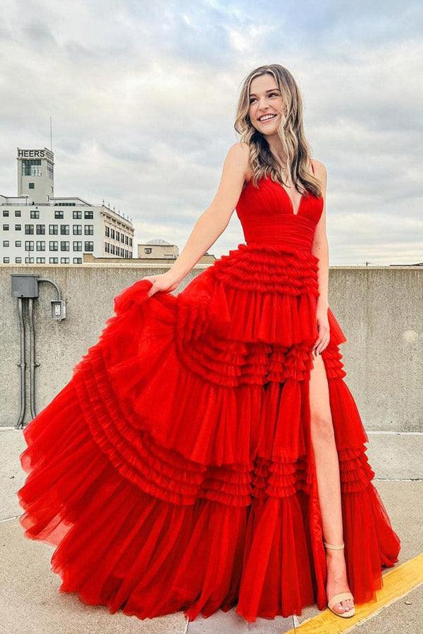 Elegant Tulle Ball Gown V Neck Side Split Layered Long Prom Dress PSK392