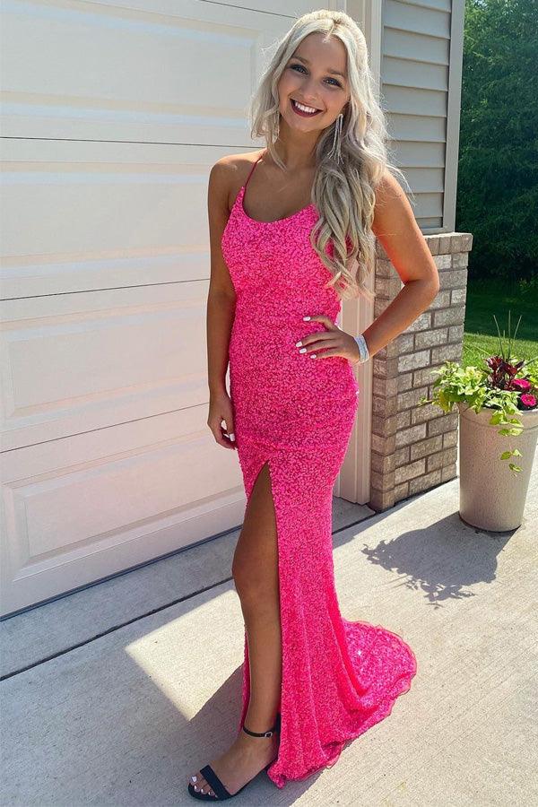 Glitters Hot Pink Mermaid Long Prom Evening Dress with Slit – Pgmdress