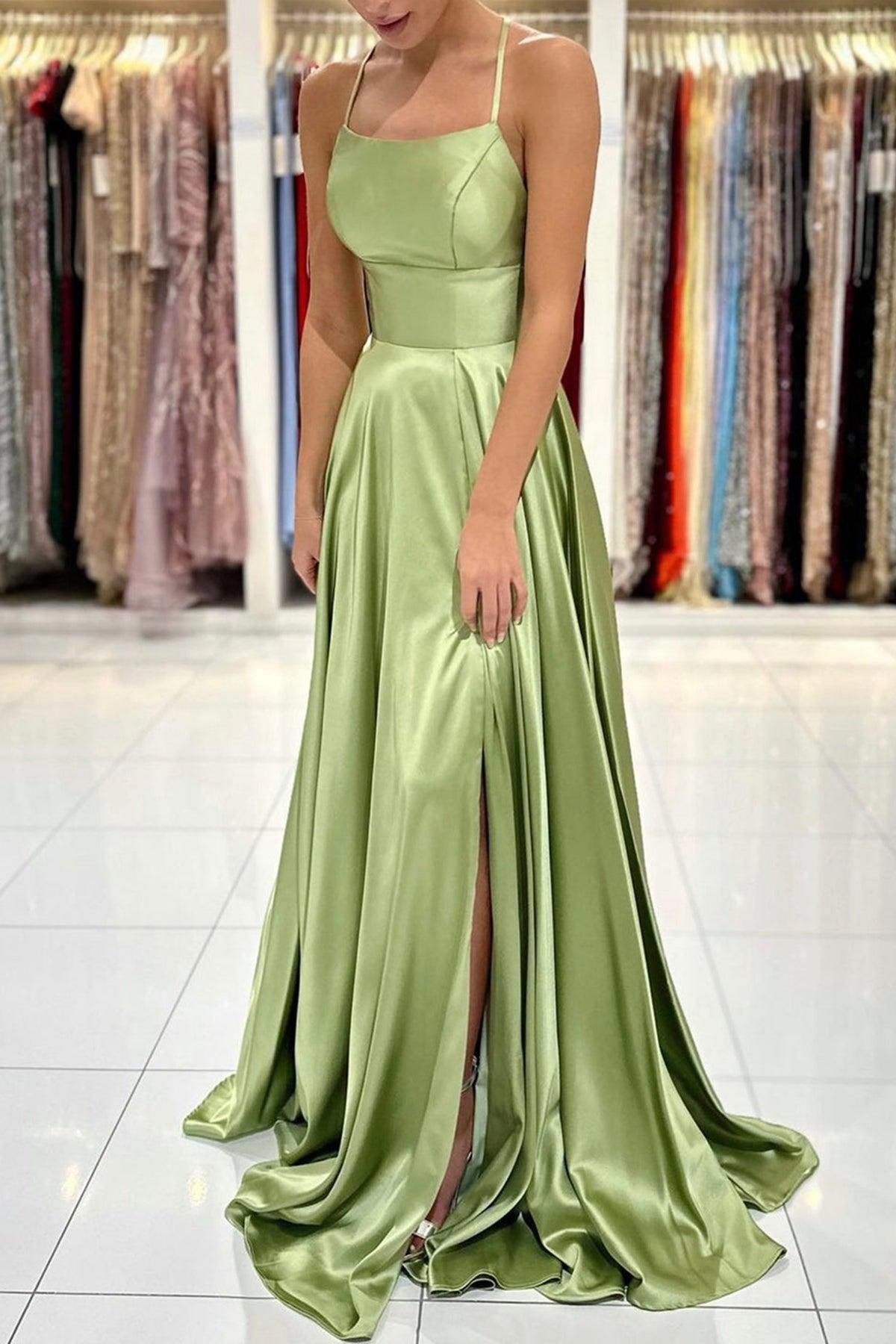 Green Satin Simple A Line Backless Long Prom Dresses with Leg Slit –  Pgmdress