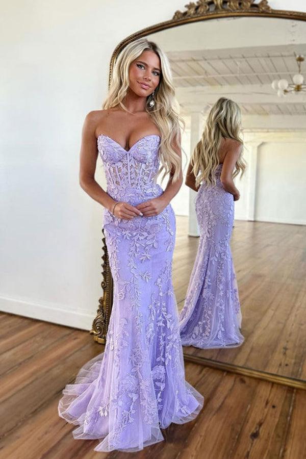 A Line V Neck Lilac Lace Long Prom Dress, V Neck Lilac Formal