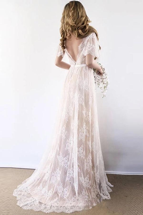 Robe de mari e longue en dentelle blanche A ligne romantique avec dos ouvert WD111