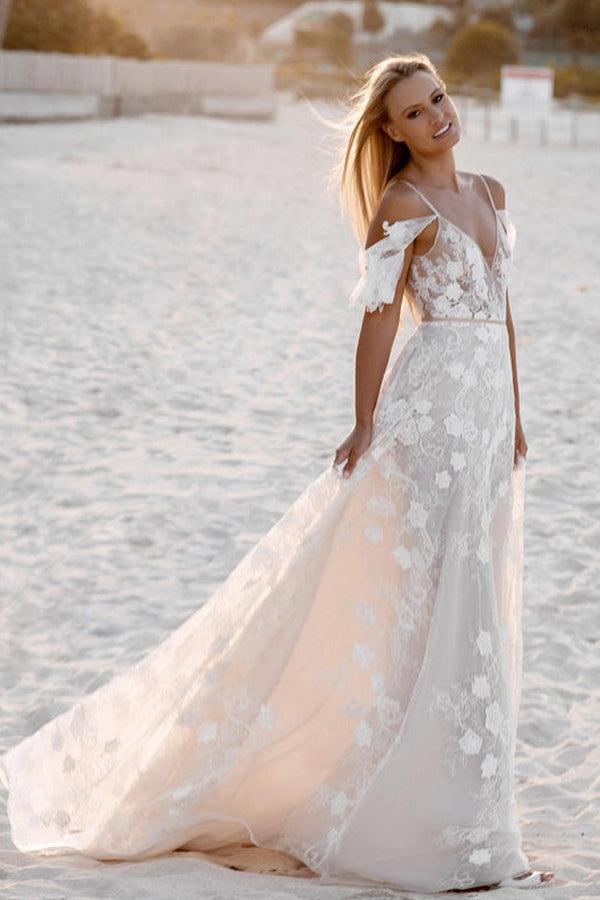 Romantic Spaghetti Straps Floral Lace Beach Wedding Dresses WD591 – Pgmdress