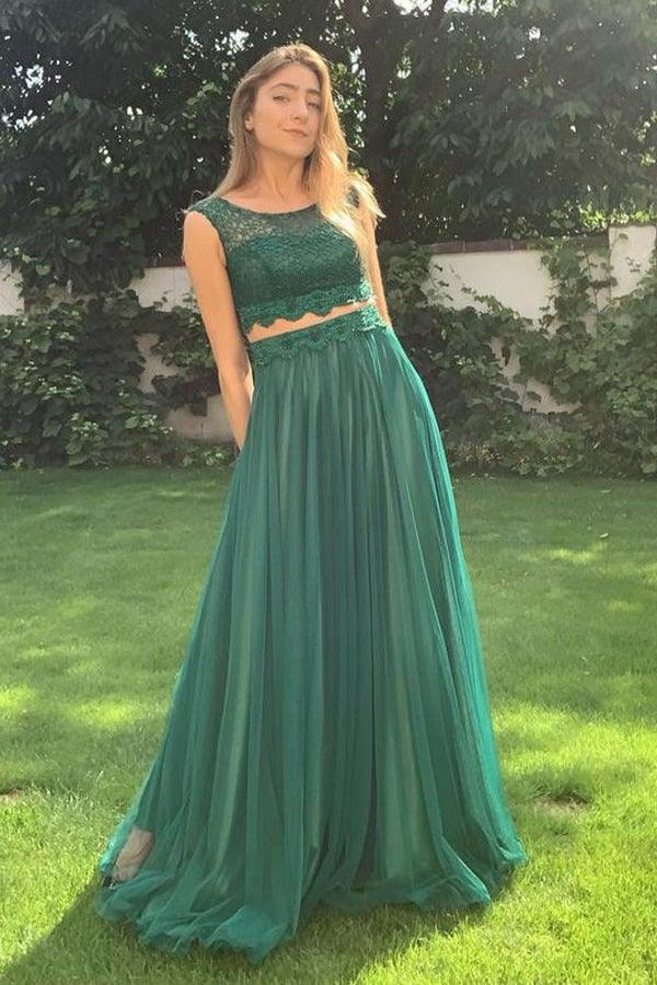Tulle Scoop Neckline 2 Pieces Evening Gown Prom Dresses With Appliqued –  Pgmdress
