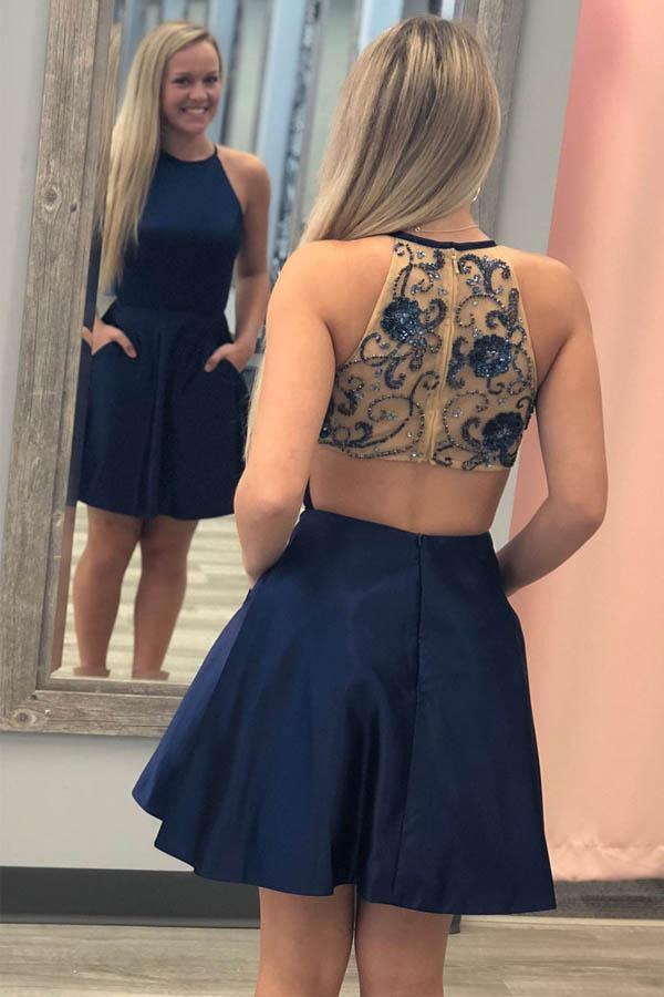 Chic Off The Shoulder Navy Blue Homecoming Dresses Short Prom