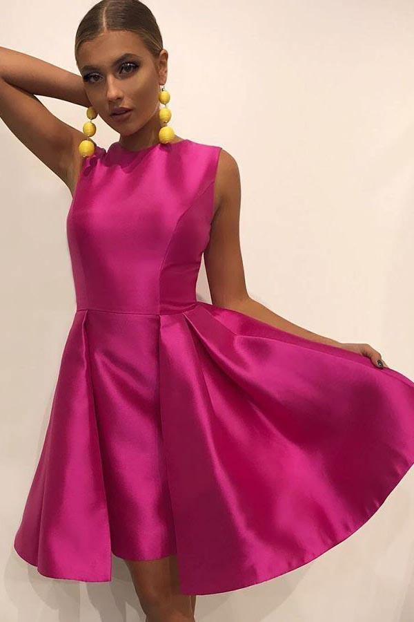 Elegant pink satin party dress pleated belt knee-length A-line