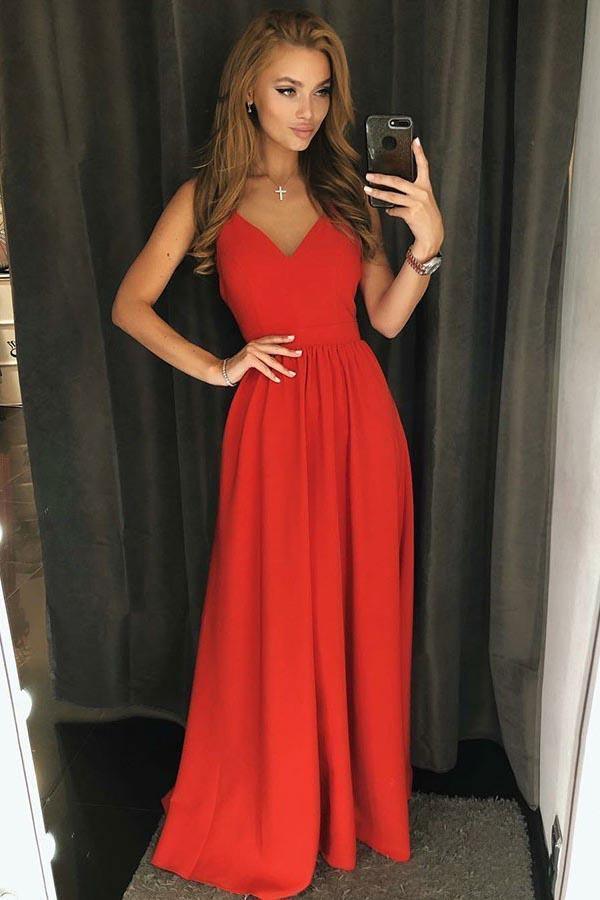 A ligne col en V dos nu en satin longueur au sol robe de bal en satin rouge PG760