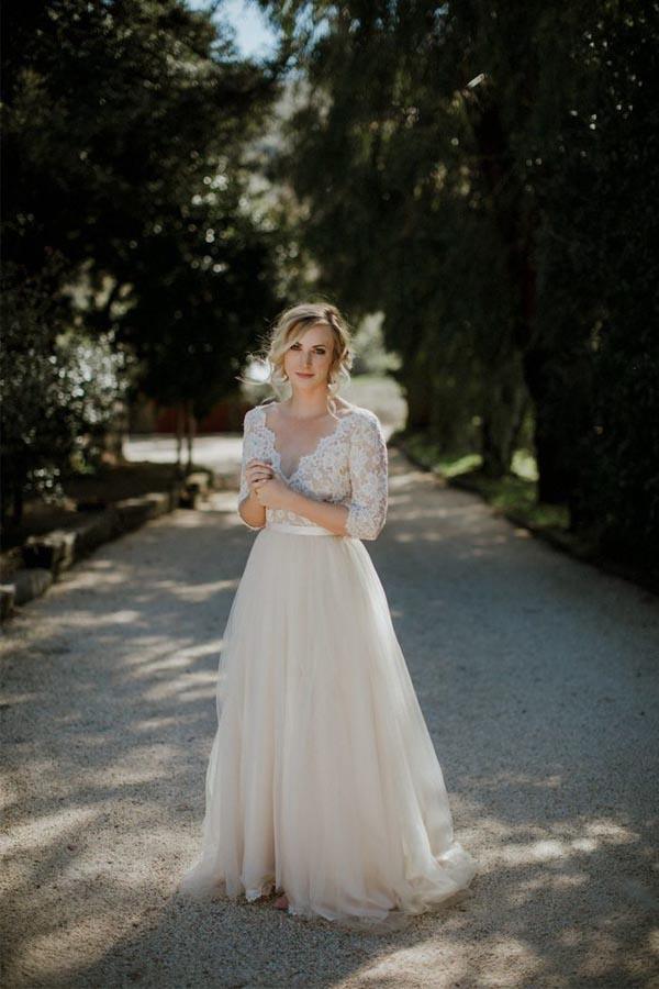 Belt Tulle V-neck Half Sleeves A-line Wedding Dress Bridal Gow – Pgmdress