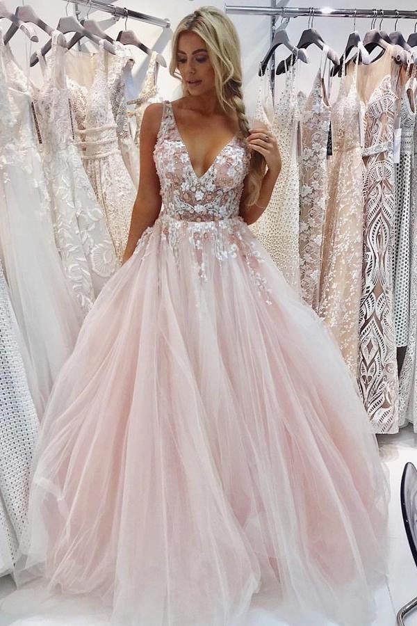A Line V Neck Hot Pink Tulle Prom Dresses Formal Dresses-Pgmdress US10 / Pink