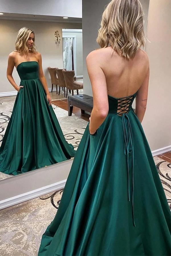 Simple Emerald Green Satin Long Prom Dress with Slit, Emerald