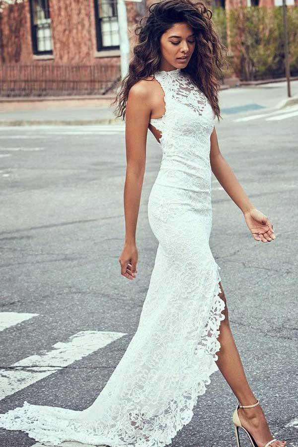 A Line V Neck Backless White Lace Wedding Dresses, Open Back White Lace  Prom Formal Dresses