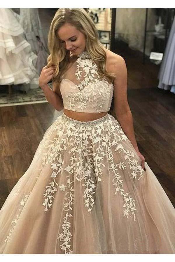 Lace Appliquéd Two Piece Prom Dresses Long Halter Ball Gowns PG727 –  Pgmdress