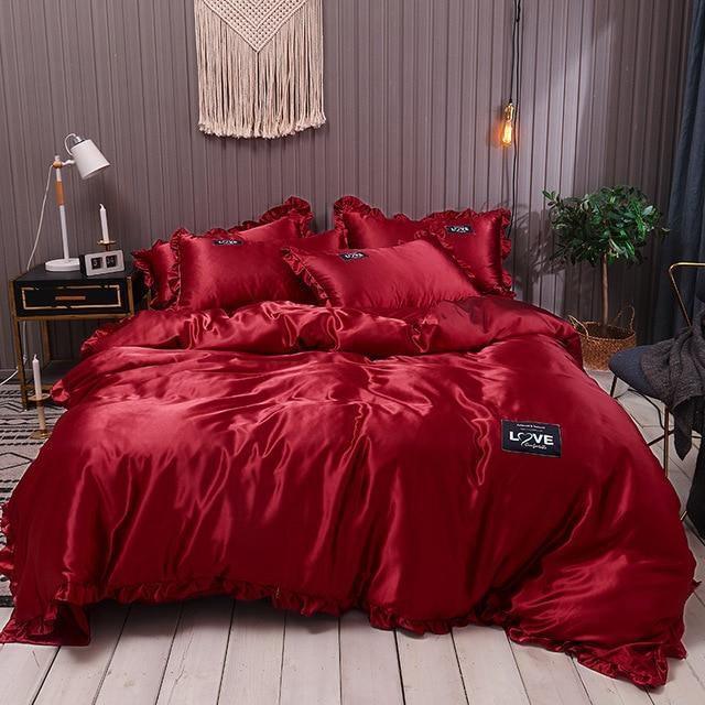 Pure Satin Silk Bedding Set Lace Luxury Duvet Cover Set Single Double –  Pgmdress