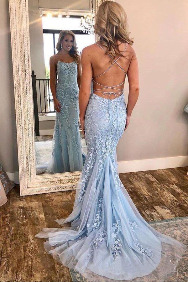 Elegant A-line Long Baby Blue Straps V-Neck Lace Prom Dress