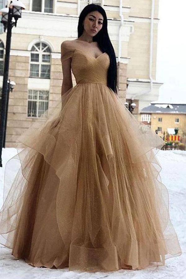 Gorgeous Off Shoulder Champagne Lace Floral Prom Dress Forml Dress –  Pgmdress