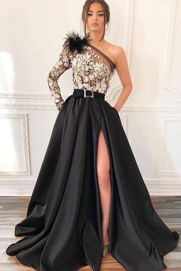 One shoulder long black evening dresses best sale