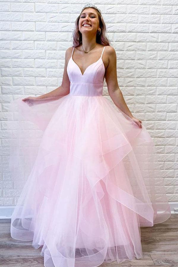 Pink Tulle Ruffles Spaghetti Straps Simple Long Prom/Formal Dress – Pgmdress