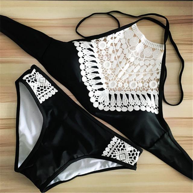 Women's Summer Bikinis Set Solid V-Neck Push Up Swimwear + Flower