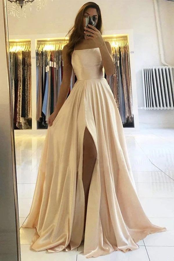 Women's Beige Satin High Split V Neck Long Prom Dresses 2022 Elegant  Evening Dress Formal Party Dress Gowns 2 at  Women's Clothing store