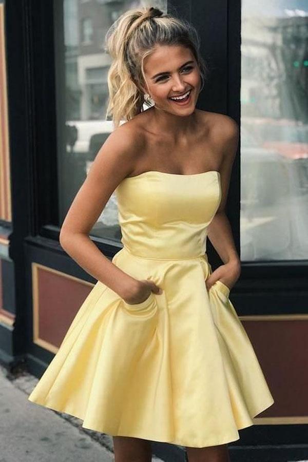 Simple Strapless Short Prom Dress Yellow Homecoming Dress with Pocket –  Pgmdress