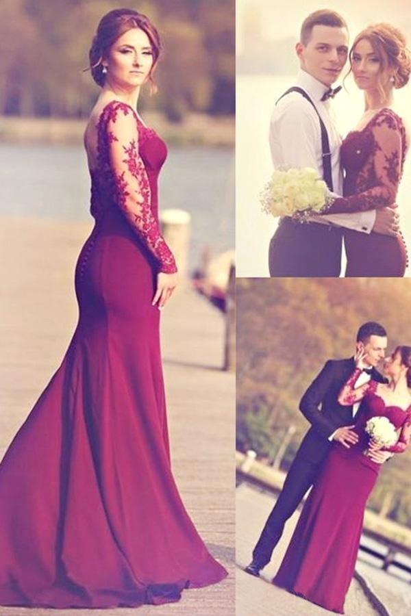 Sweetheart Long Sleeve Burgundy Prom Dress With Lace Appliques PG310 Pgmdress