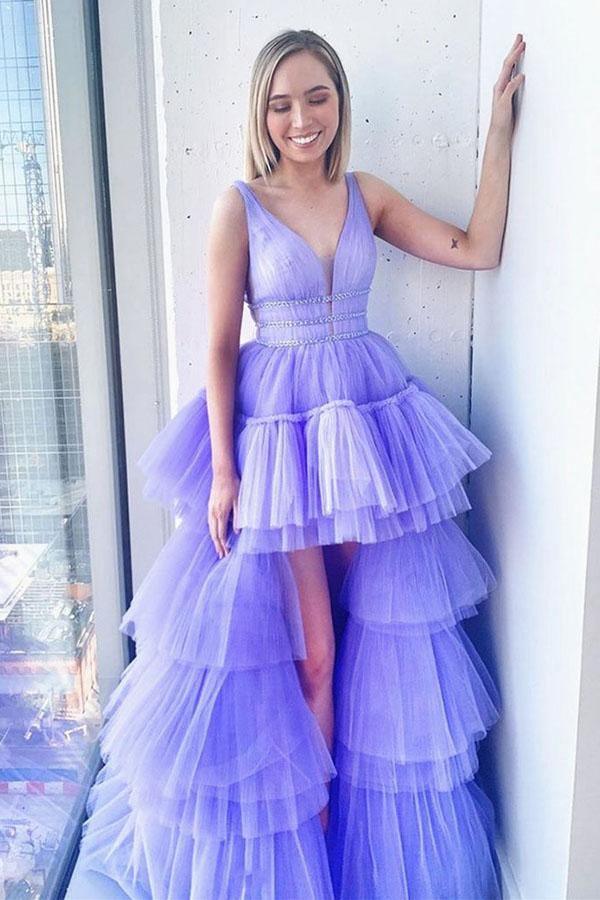 High Neck Cut-outs Lilac Lace & Satin Prom Dress - Xdressy