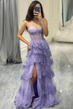 A-Line Appliques Sweetheart Layered Lilac Prom Dress with Slit PSK643