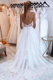 A-Line Backless Ivory Tulle Long Wedding Dress with Lace WD764-Pgmdress