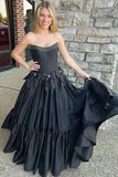 A-Line Beaded Strapless Corset Black Prom Dress with Bows PSK572-Pgmdress