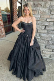 A-Line Beaded Strapless Corset Black Prom Dress with Bows PSK572-Pgmdress