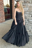 A-Line Beaded Strapless Corset Black Prom Dress with Bows PSK572-Pgmdress