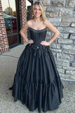 A-Line Beaded Strapless Corset Black Prom Dress with Bows PSK572-Pgmdress