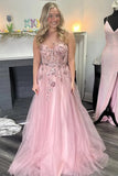 A-Line One Shoulder Appliques Tulle Pink Long Prom Dress PSK584-Pgmdress