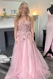 A-Line One Shoulder Appliques Tulle Pink Long Prom Dress PSK584-Pgmdress