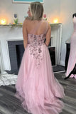 A-Line One Shoulder Appliques Tulle Pink Long Prom Dress PSK584