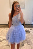 A-Line One Shoulder Lace Layered Lavender Homecoming Dress PD516