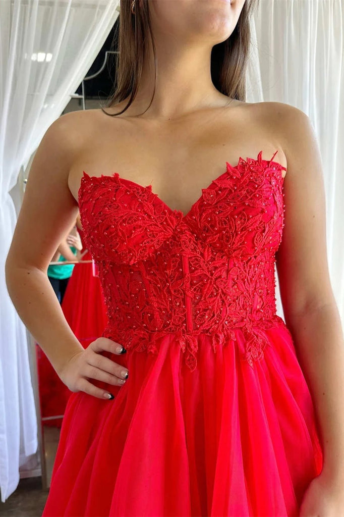 Strapless Black Corset Lace Long Prom Dress with Slit Red / US 12