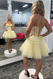 A-Line Ruffled Yellow Strapless Corset Homecoming Dress PD518-Pgmdress