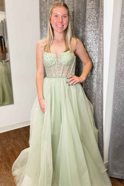 A-Line Sage Green Straps Sequin Beaded Tulle Prom Dress PSK488