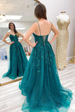 A-Line Spaghetti Straps Corset Emerald Green Long Prom Dress PSK626